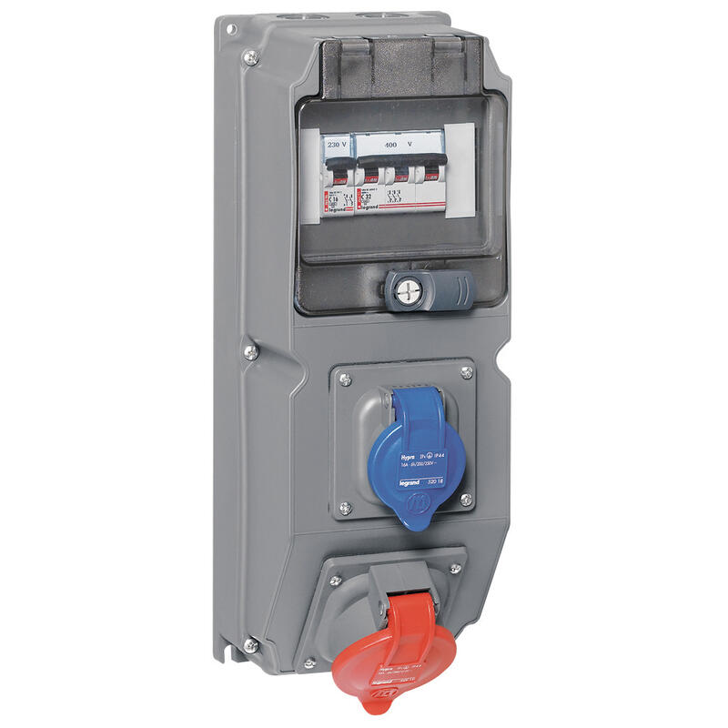 [LEGRAND] Coffret multiprise Hypra IP44 1 prise 2P+T 16A 200V-250V,  1 prise 3P+T 380V-415V et 1 disjoncteur