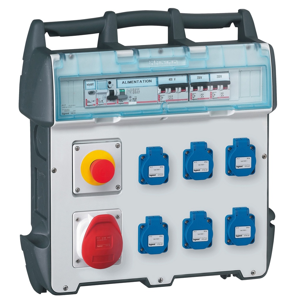 [LEGRAND] Coffret de chantier P17 IP44 IK09 400V 6 prises brochage domestique, 1 prise 32A 3P+N+T et protections