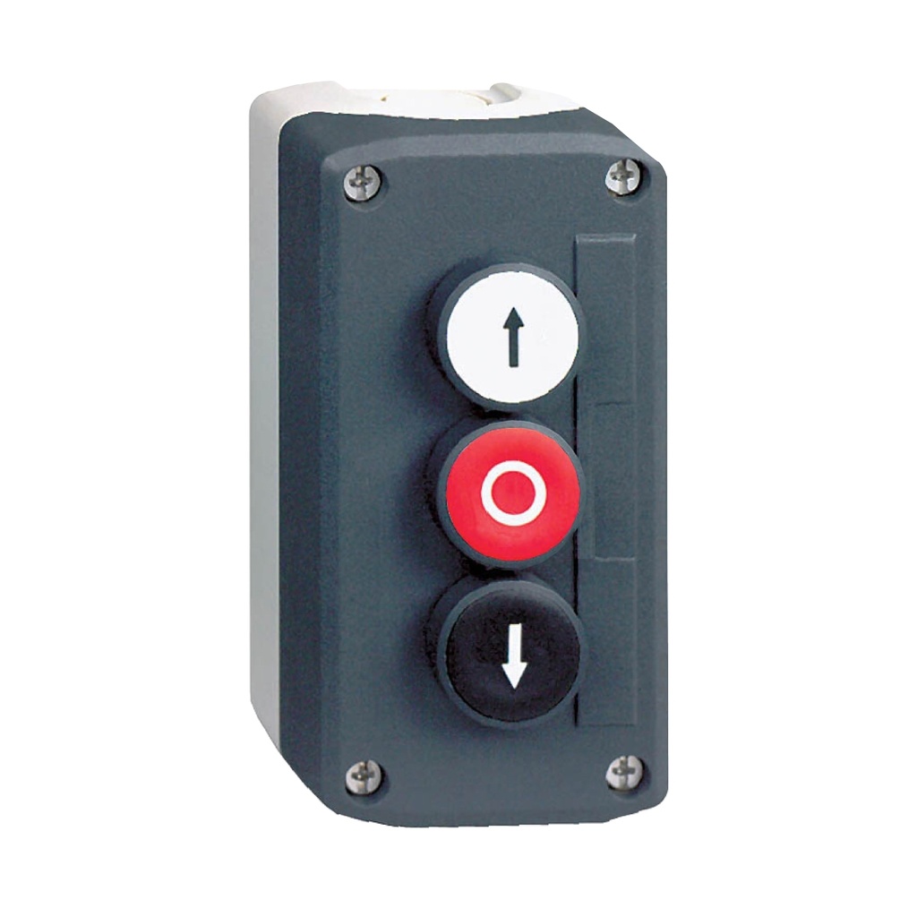 Boite à 3 boutons poussoirs fixes Ø22 - blanc/rouge/noir