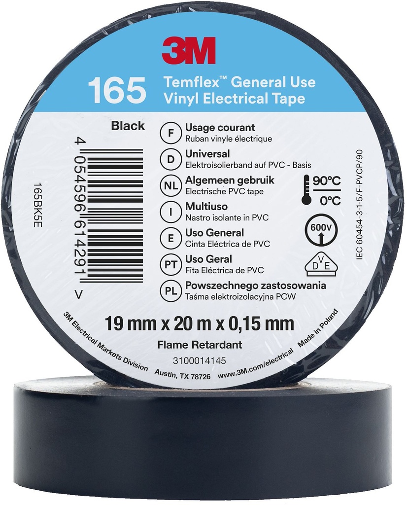 Scotch Temflex 165 ruban isolant électrique 19mmx20m Noir