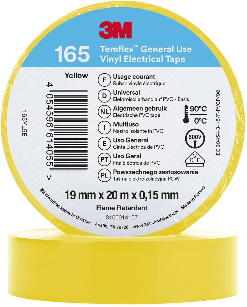 Scotch Temflex 165 ruban isolant électrique 19mmx20m Jaune