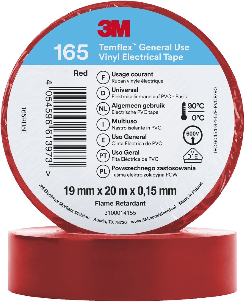 Scotch Temflex 165 ruban isolant électrique 19mmx20m Rouge