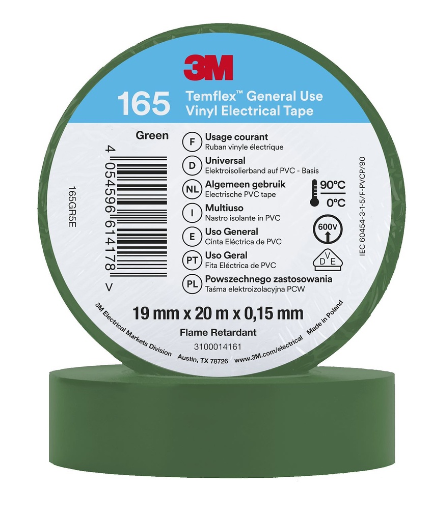 Scotch Temflex 165 ruban isolant électrique 19mmx20m Vert