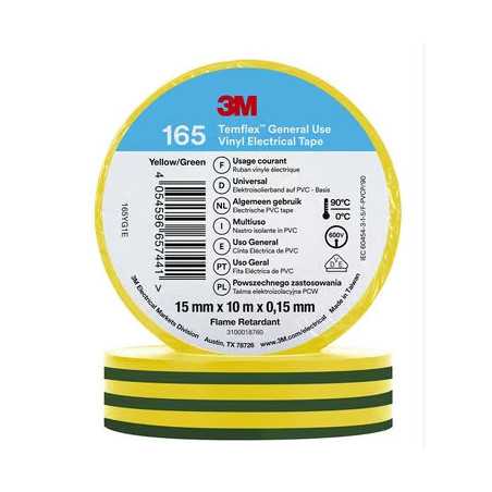 Scotch Temflex 165 ruban isolant électrique PVC 15mmx10m Vert/jaune