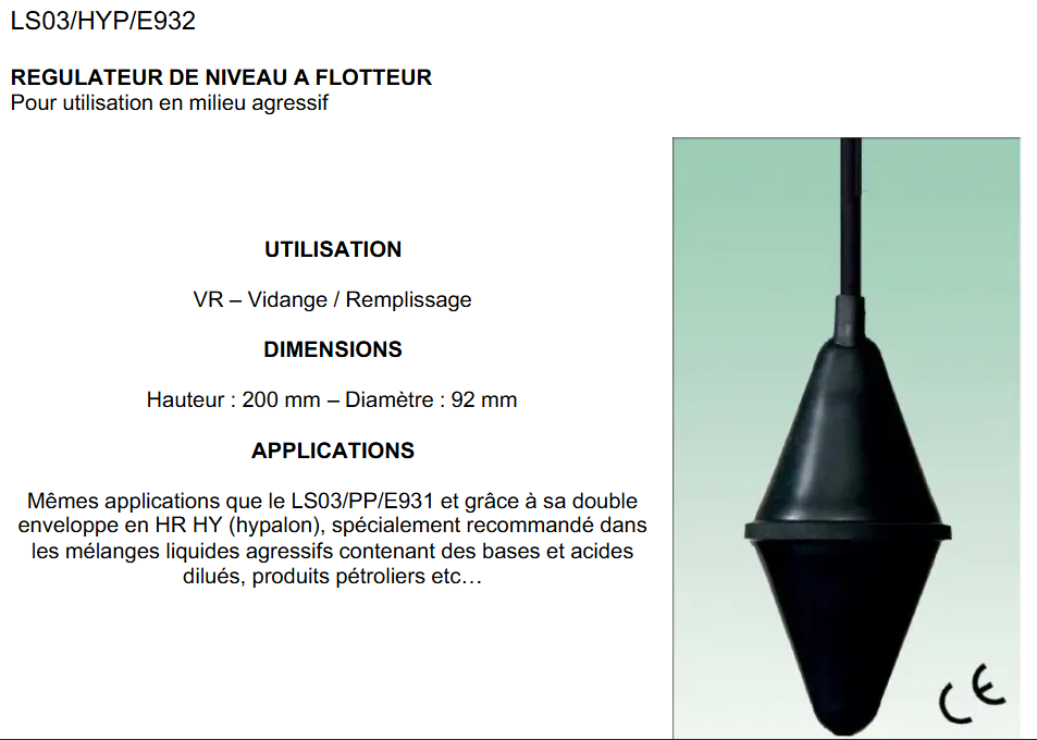 Régulateur de niveau à flotteur 4bars IP68 12/24/48VCA/VCC 250VCA 50/60HZ H : 200mm D : 92mm