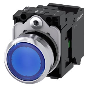 Bouton poussoir Ø22 rond bleu avec support 1NO, avec LED intégrée 24Vac/dc