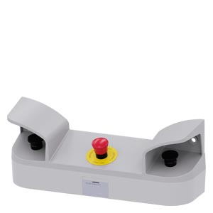 [SIEMENS] Boitier pupitre de commande bimanuelle D=22mm rond, avec 2 boutons poussoirs coup de poing noir 40mm - 1NO+1NF et 1 arrêt urgence rouge 40mm -2NF