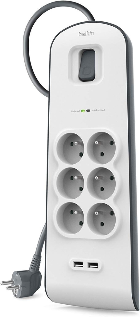 [BELKIN] Bloc multiprise à 6 prises et 2 ports USB 16A 2P+T avec parafoudre [L=2m]