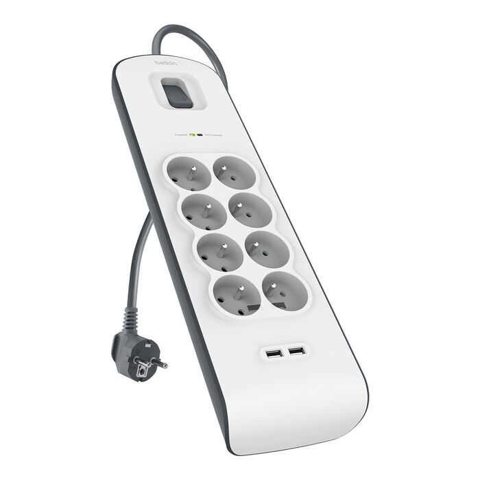 Bloc multiprise à 8 prises et 2 ports USB 16A 2P+T avec parafoudre [L=2m]